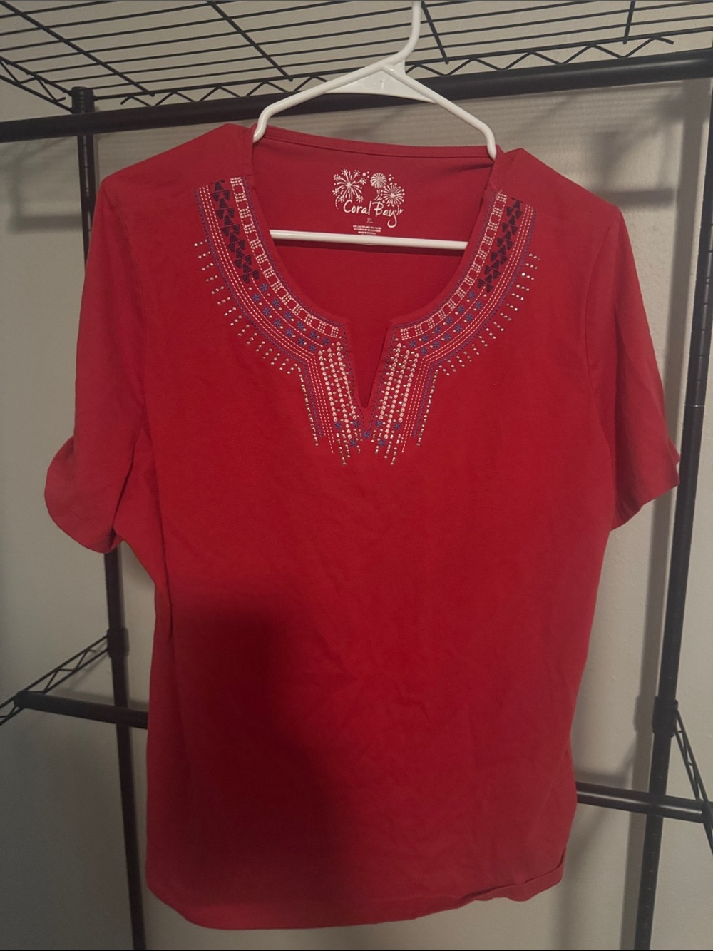 Coral Bay Red Short-Sleeve Embellished V-Notch Top